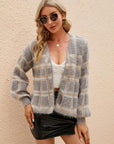 Tan Open Front Plaid Long Sleeve Cardigan