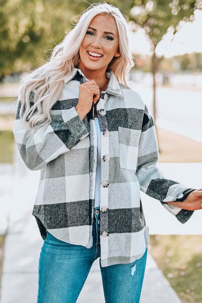 Light Gray Plaid Button Up Dropped Shoulder Jacket