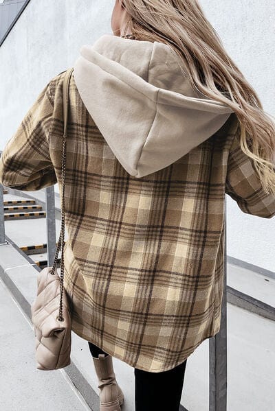 Gray Plaid Button Up Hooded Jacket with Pockets