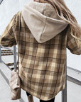 Gray Plaid Button Up Hooded Jacket with Pockets