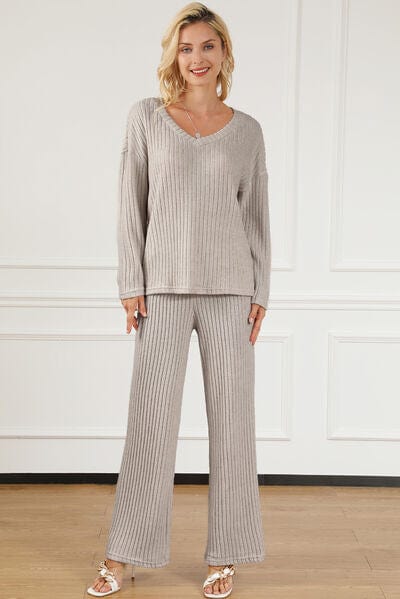 Light Gray Ribbed V-Neck Top and Pants Lounge Set