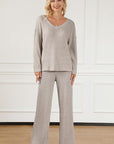 Light Gray Ribbed V-Neck Top and Pants Lounge Set