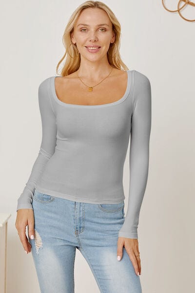 Gray Square Neck Long Sleeve T-Shirt