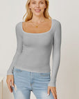 Gray Square Neck Long Sleeve T-Shirt