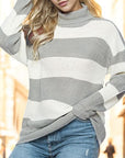 Light Gray Striped Turtleneck Long Sleeve Sweater