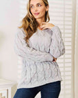 Light Gray Woven Right Cable-Knit Hooded Sweater