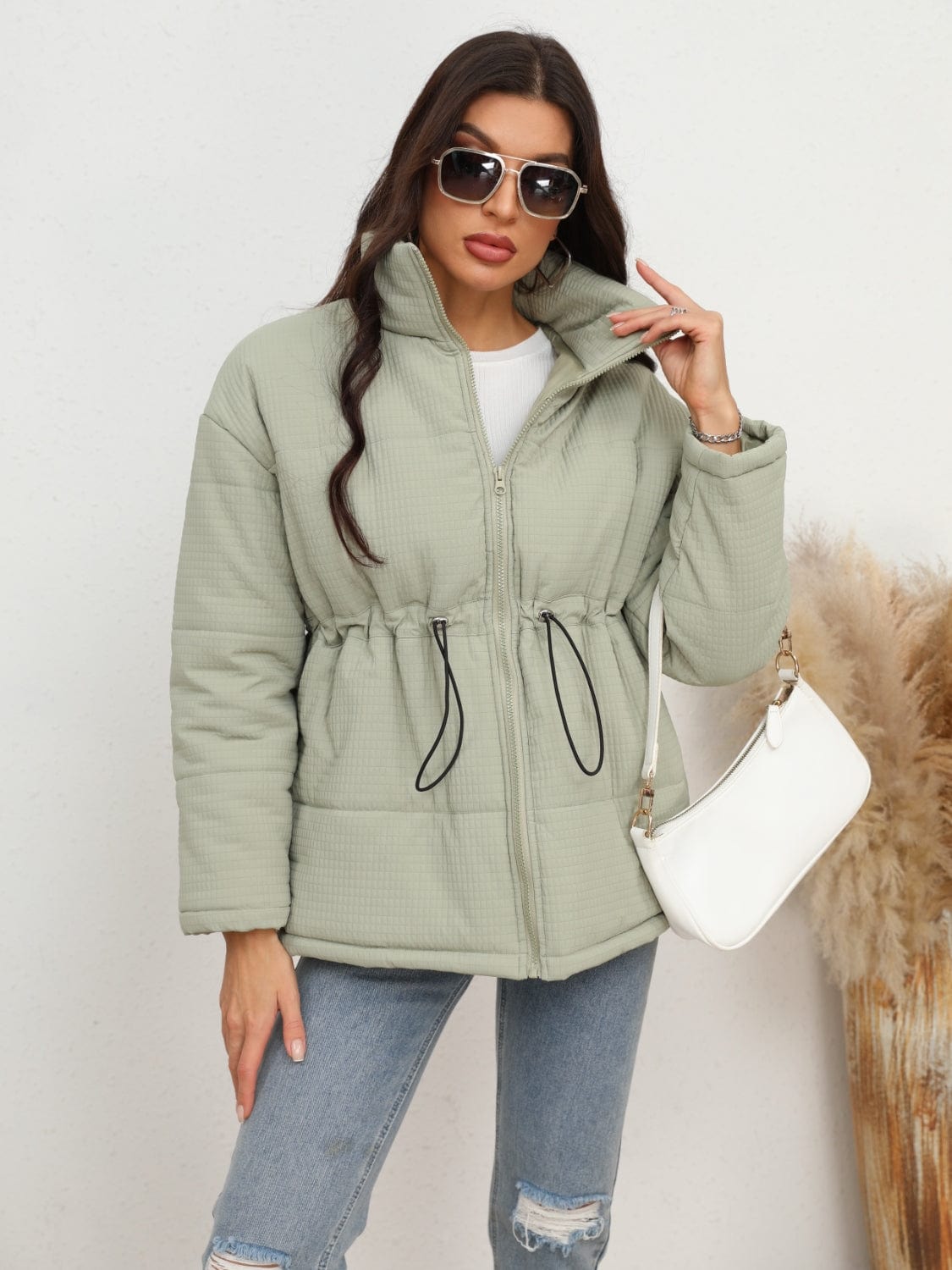 Light Gray Drawstring Waist Zip-Up Puffer Jacket