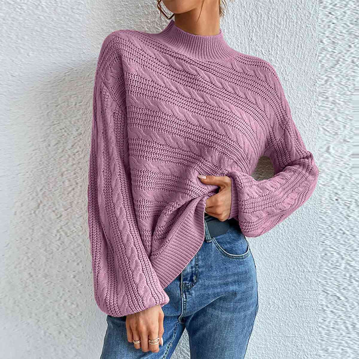 Gray Cable-Knit Mock Neck  Long Sleeve Sweater