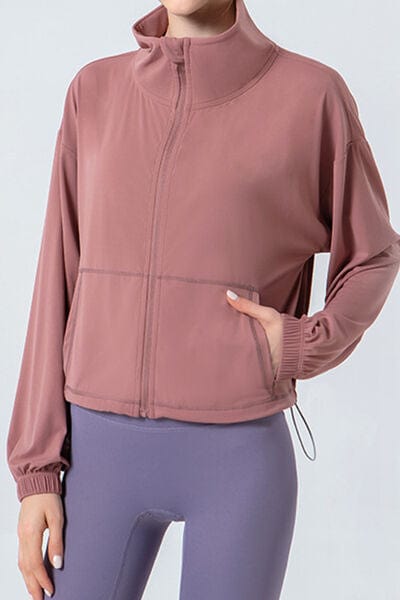 Rosy Brown Drawstring Zip Up Dropped Shoulder Active Outerwear