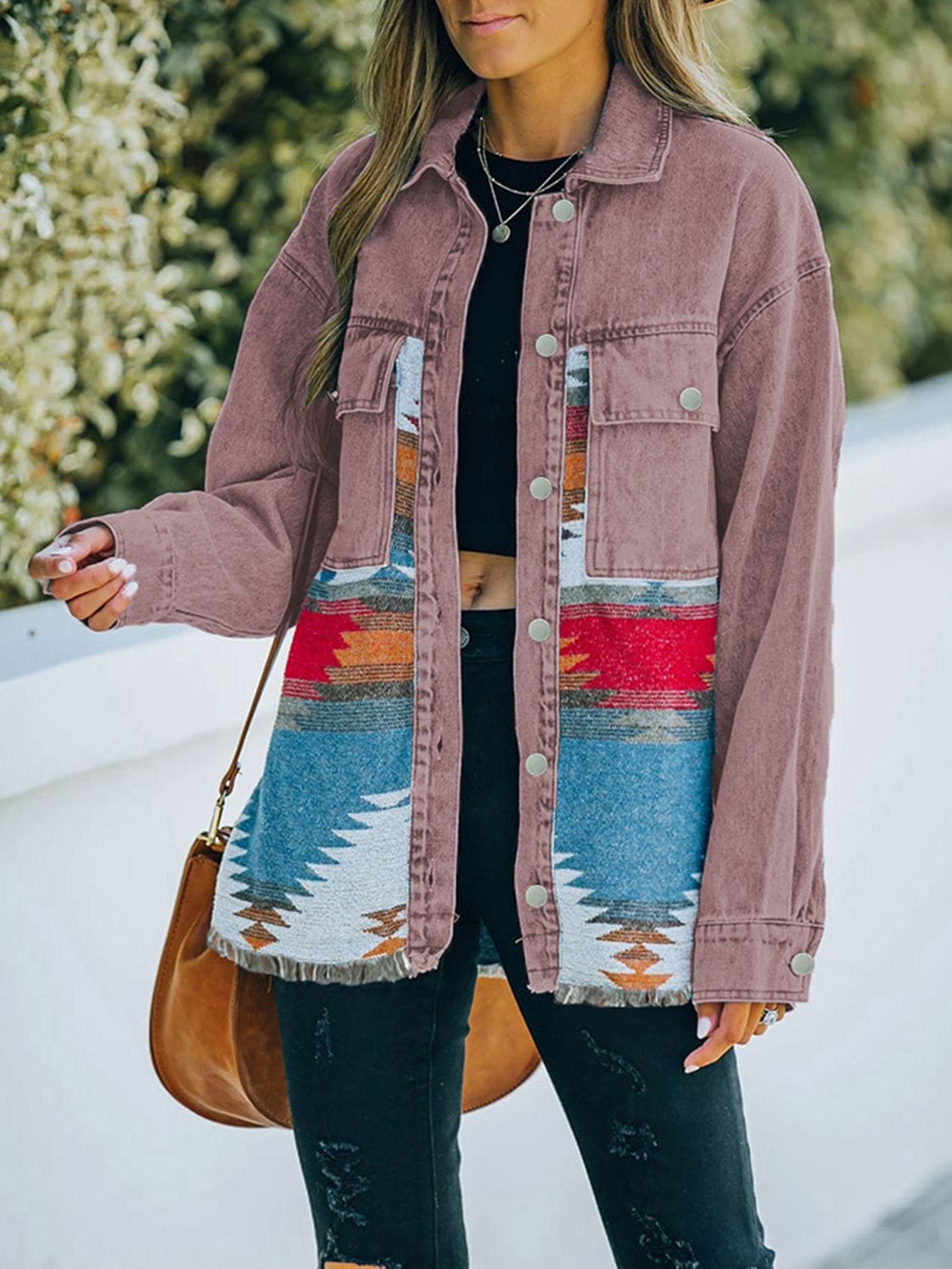 Slate Gray Dropped Shoulder Long Sleeve Printed Denim Jacket