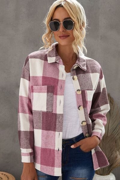 Dim Gray Plaid Button Up Dropped Shoulder Jacket