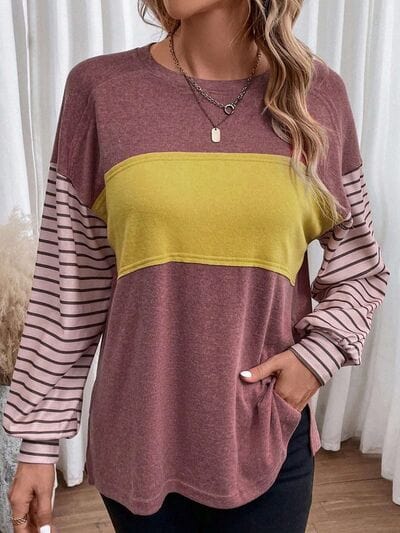 Dim Gray Round Neck Striped Long Sleeve Slit T-Shirt