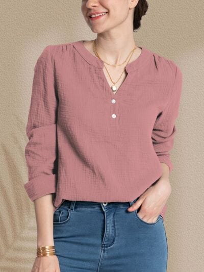 Rosy Brown Textured Notched Long Sleeve Blouse