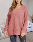 Rosy Brown V-Neck Batwing Dropped Shoulder Sweater