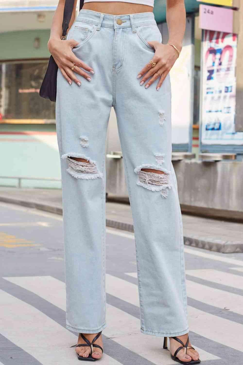 Gray Baeful Distressed Straight Leg Jeans with Pockets