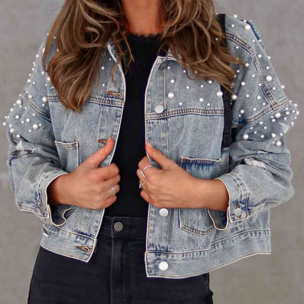 Light Slate Gray Bead Detail Denim Jacket