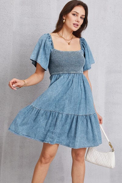 Gray Smocked Square Neck Mini Denim Dress