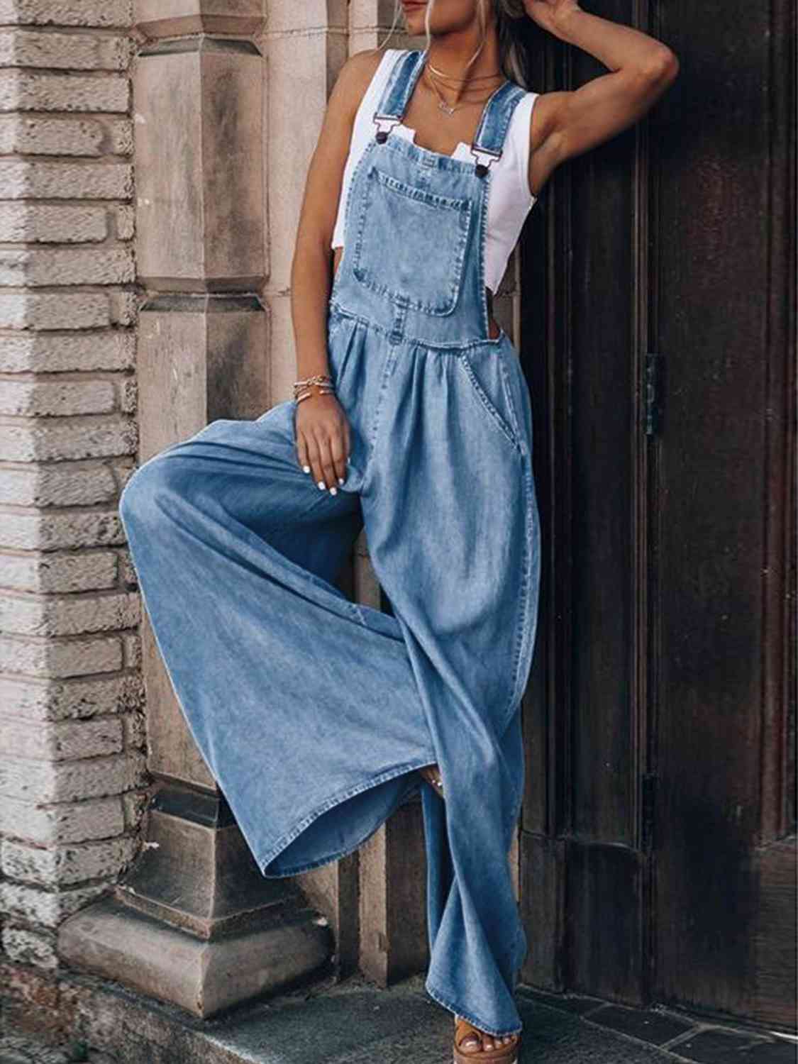 Dark Slate Gray Wide Leg Denim Overalls