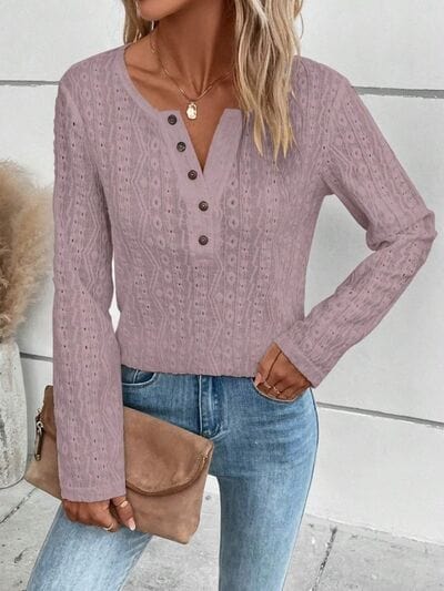 Rosy Brown Openwork Half Button Long Sleeve Blouse