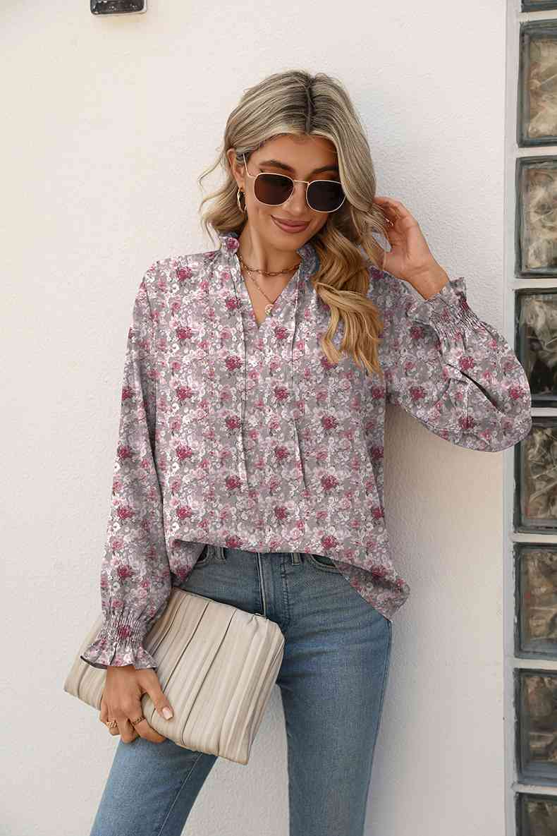 Light Gray Printed Tie Neck Flounce Sleeve Blouse