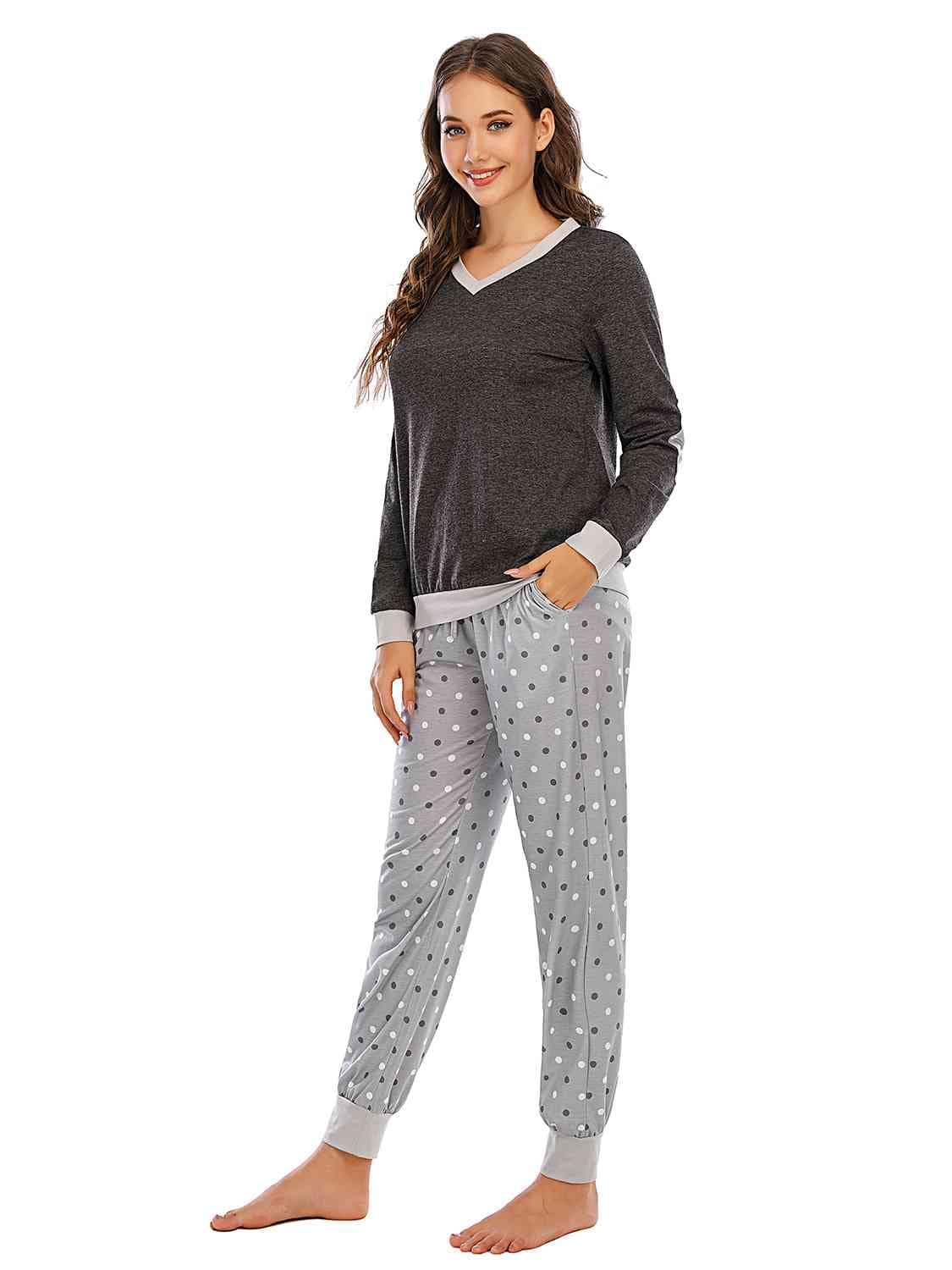 Dark Gray Long Sleeve Top and Polka Dot Pants Set