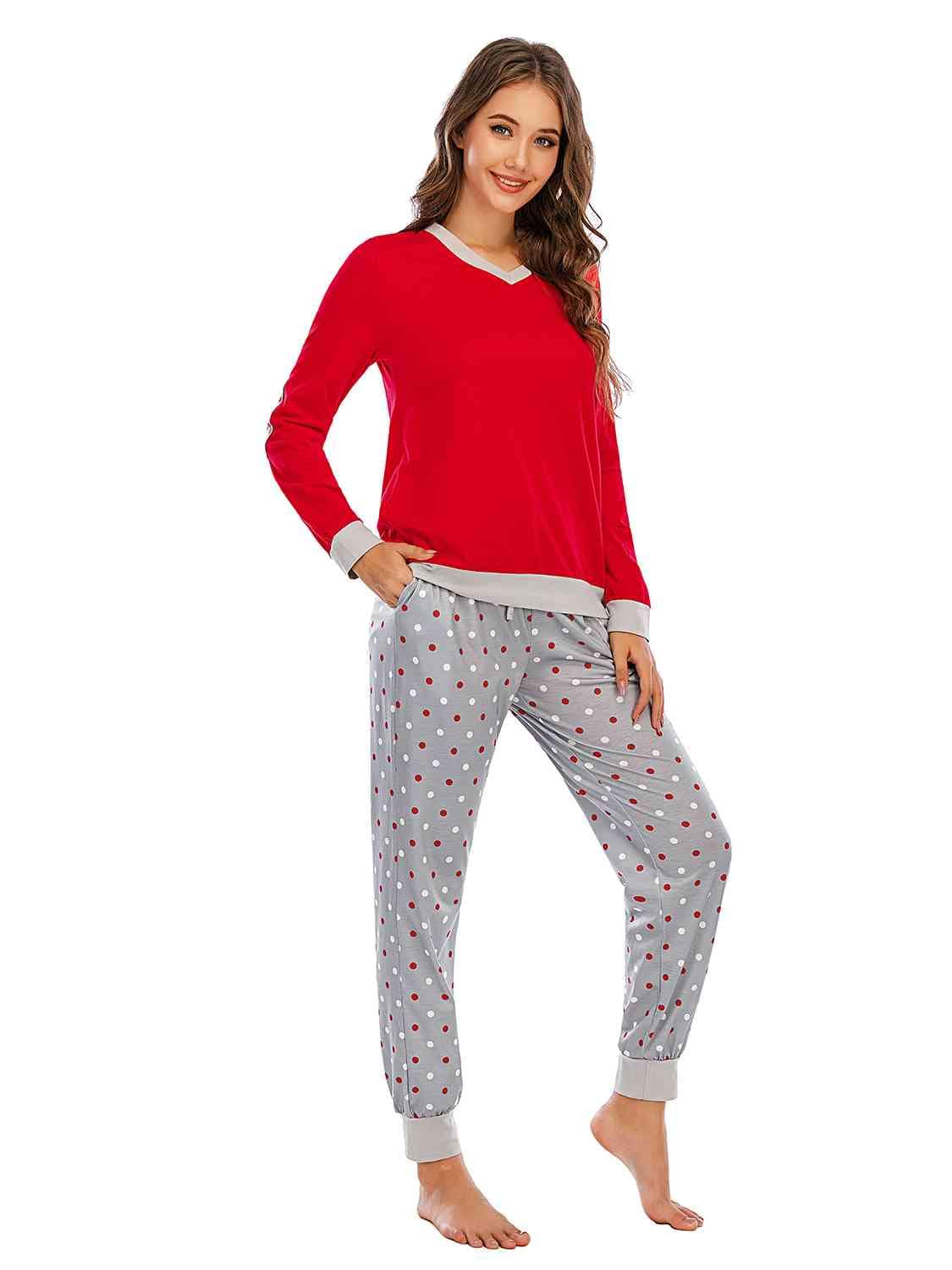 Dark Gray Long Sleeve Top and Polka Dot Pants Set