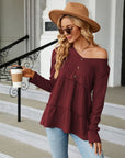 Dark Gray Long Sleeve V-Neck Cable-Knit Blouse