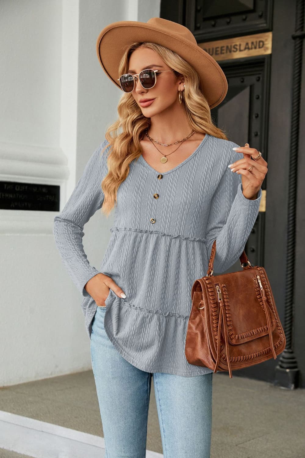 Dark Gray Long Sleeve V-Neck Cable-Knit Blouse