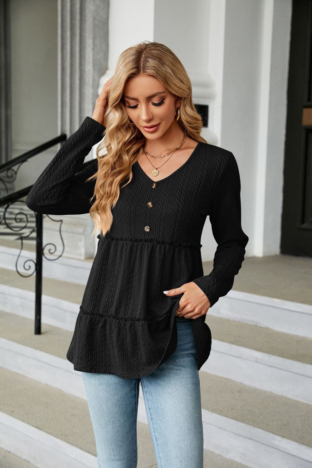 Dark Gray Long Sleeve V-Neck Cable-Knit Blouse