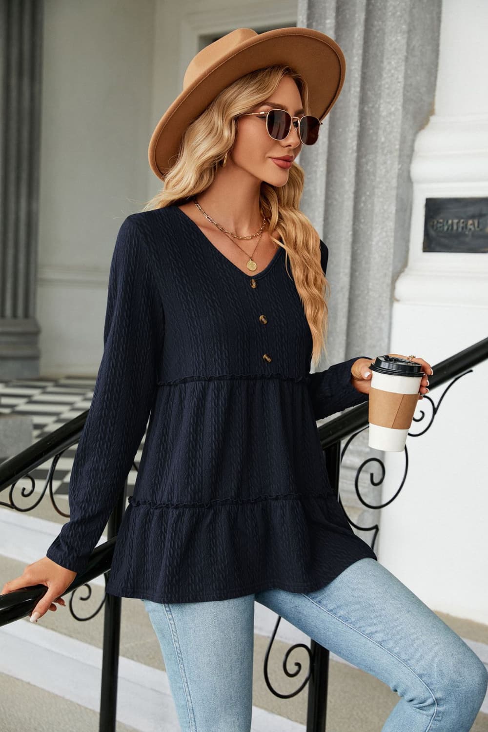 Dark Gray Long Sleeve V-Neck Cable-Knit Blouse