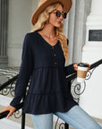 Dark Gray Long Sleeve V-Neck Cable-Knit Blouse