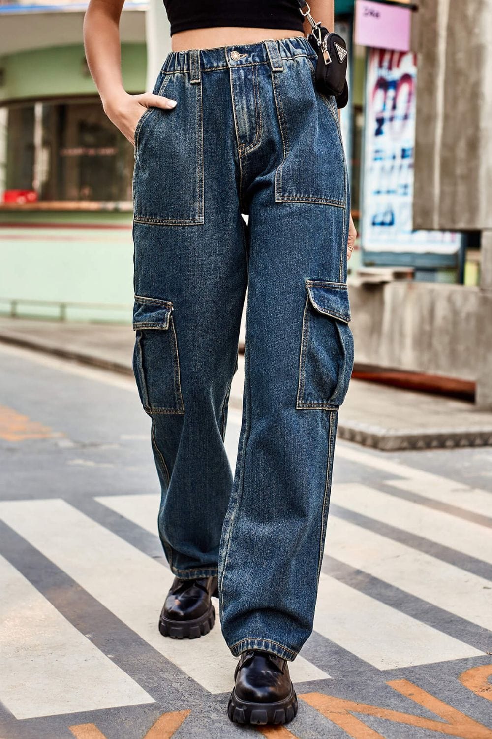 Gray Long Straight Leg Jeans with Pockets