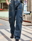 Gray Long Straight Leg Jeans with Pockets