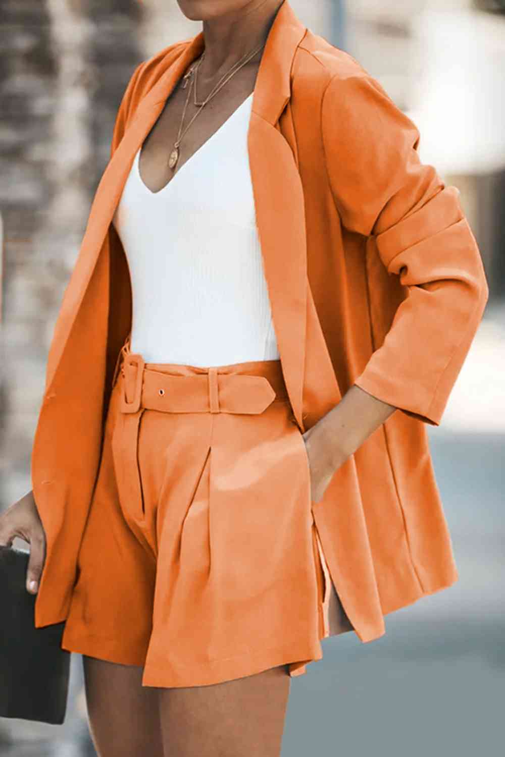 Rosy Brown Longline Blazer and Shorts Set with Pockets