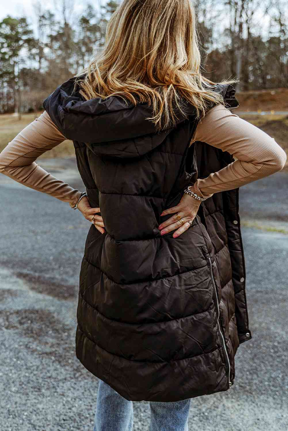 Dark Slate Gray Longline Hooded Sleeveless Puffer Vest