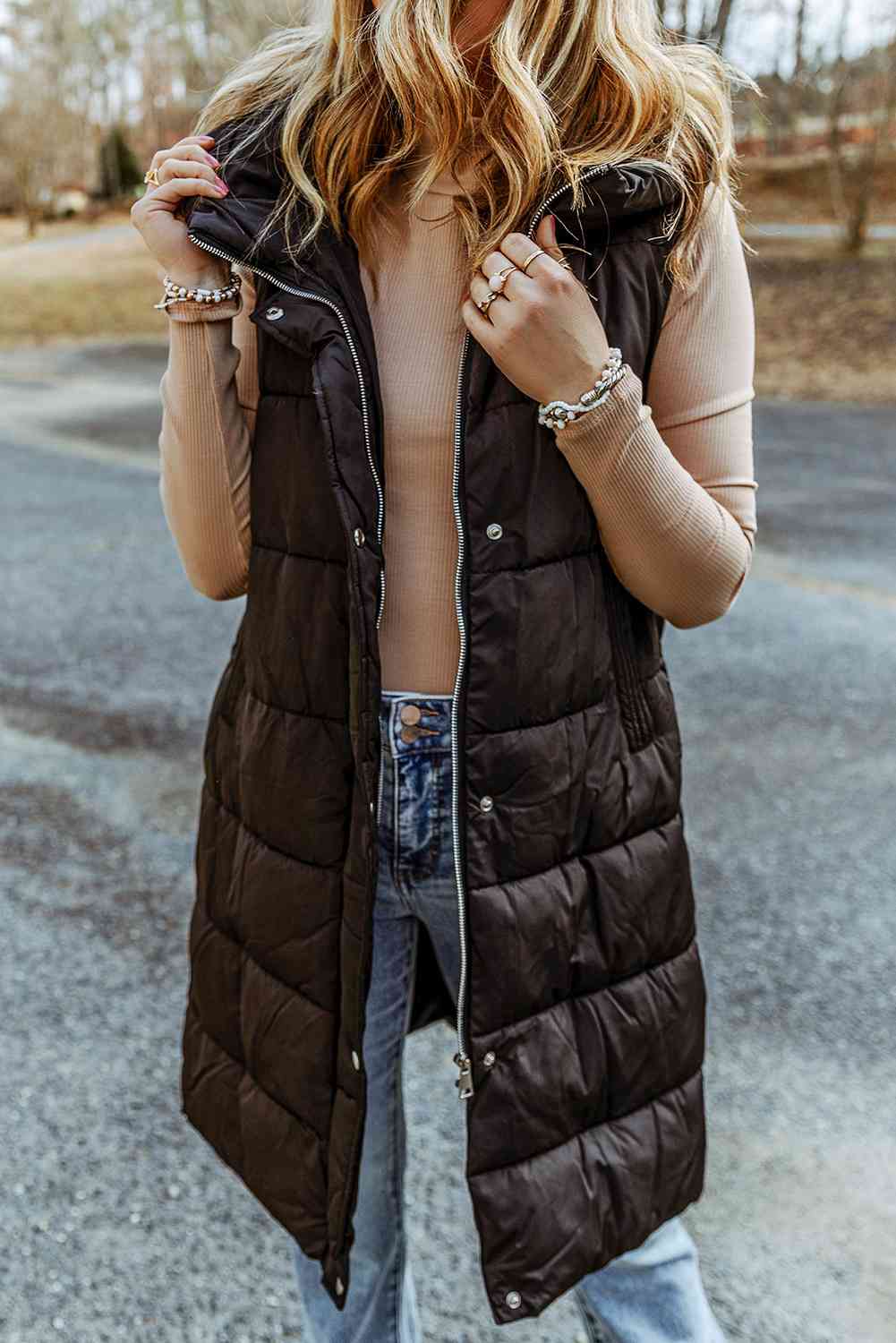 Dim Gray Longline Hooded Sleeveless Puffer Vest