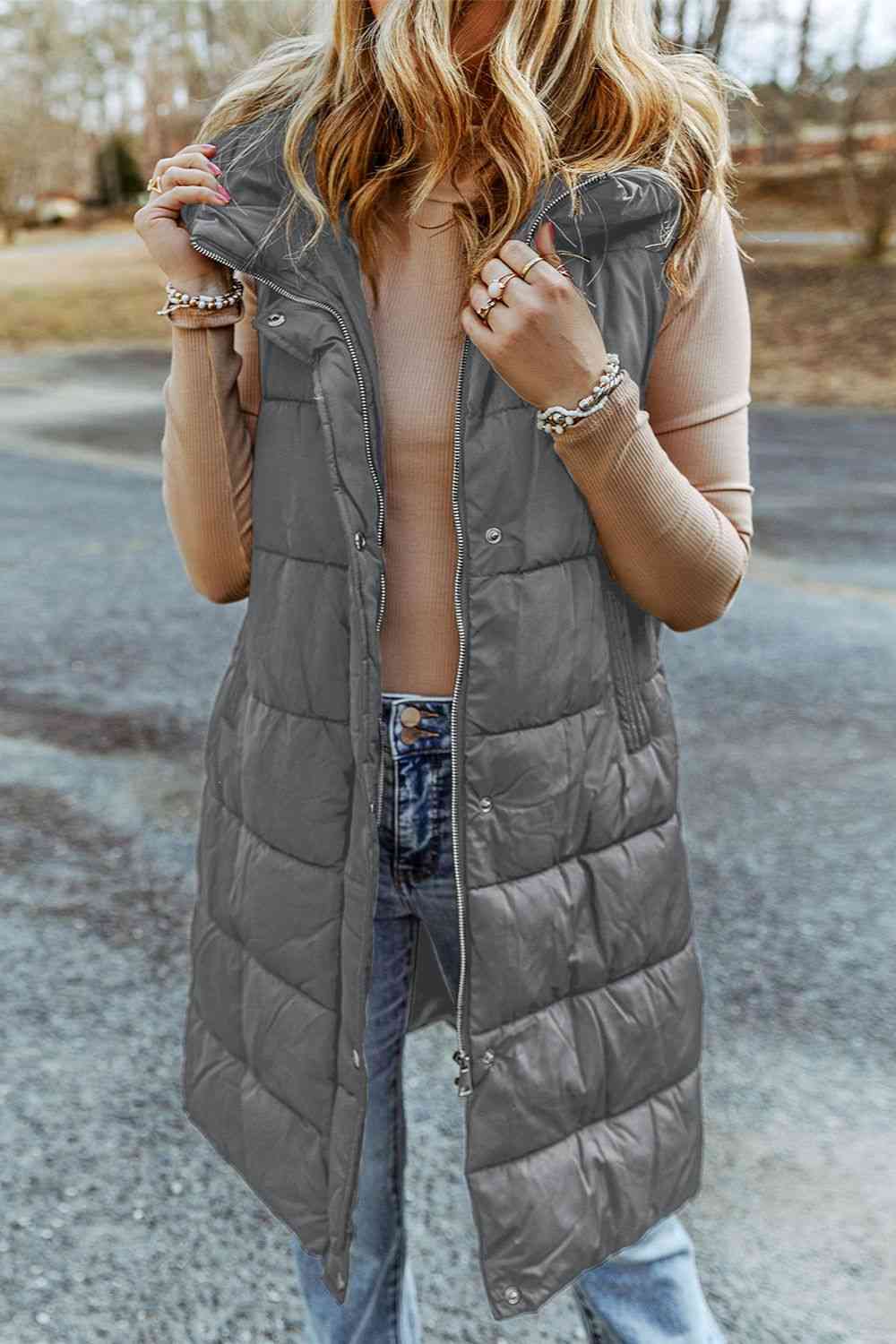 Dim Gray Longline Hooded Sleeveless Puffer Vest