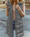 Dim Gray Longline Hooded Sleeveless Puffer Vest