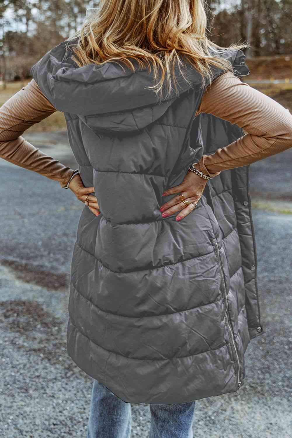 Dim Gray Longline Hooded Sleeveless Puffer Vest