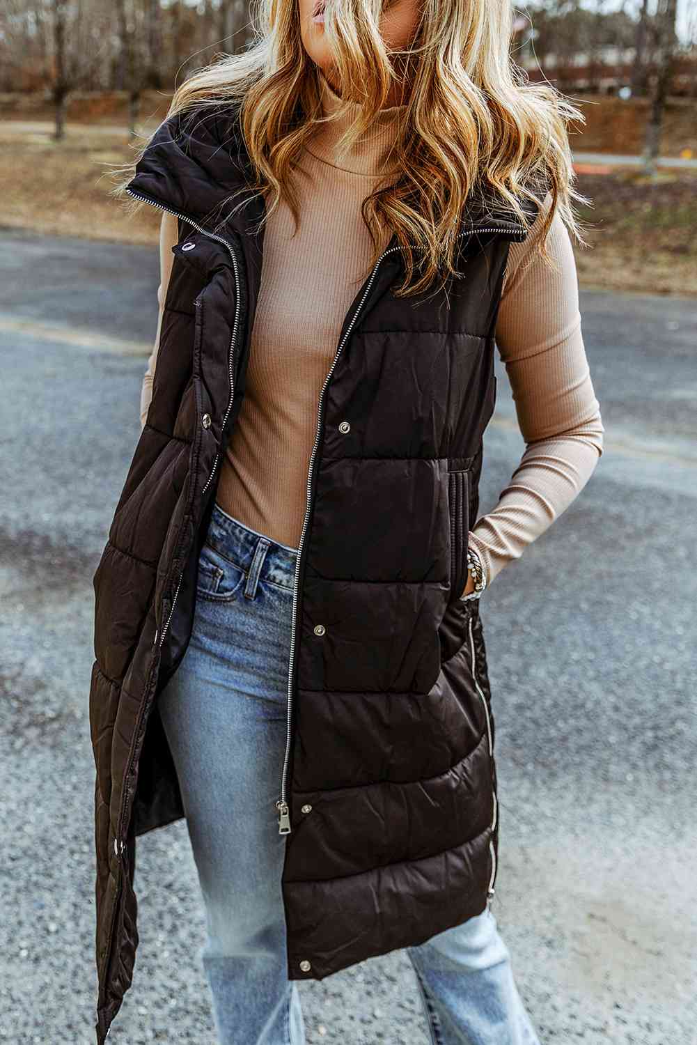 Dark Slate Gray Longline Hooded Sleeveless Puffer Vest