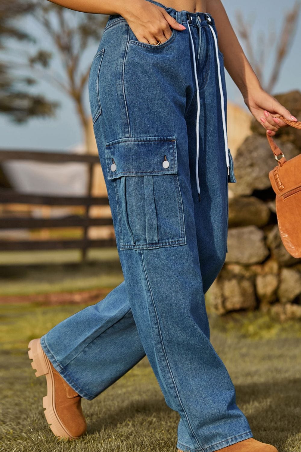 Dark Slate Gray Loose Fit Drawstring Jeans with Pocket