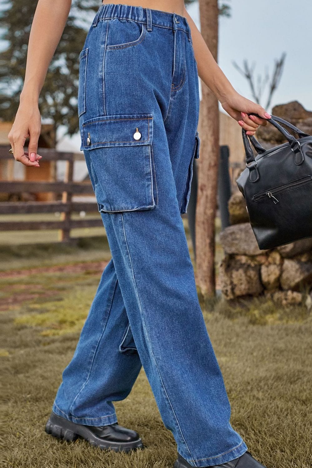 Dark Slate Gray Loose Fit Long Jeans with Pockets