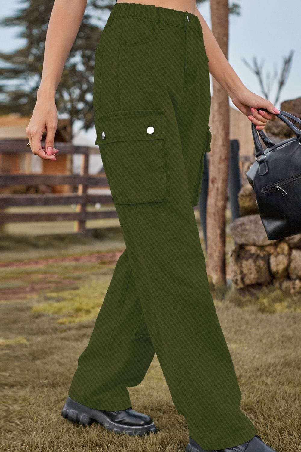 Dark Olive Green Loose Fit Long Jeans with Pockets