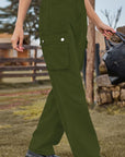 Dark Olive Green Loose Fit Long Jeans with Pockets