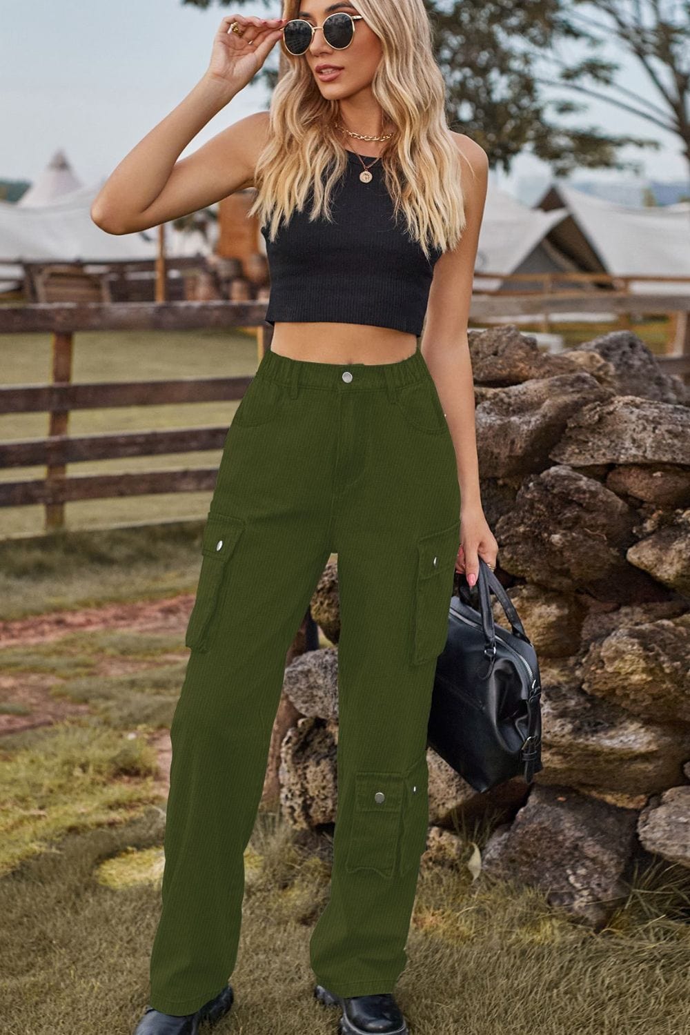 Dark Olive Green Loose Fit Long Jeans with Pockets