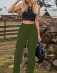 Dark Olive Green Loose Fit Long Jeans with Pockets