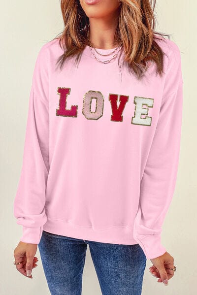 Pink LOVE Round Neck Dropped Shoulder Sweatshirt