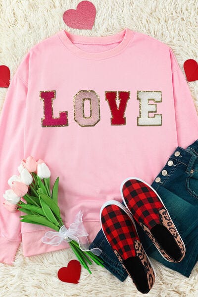 Pink LOVE Round Neck Dropped Shoulder Sweatshirt