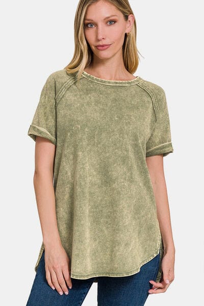 Light Gray Zenana Heathered Round Neck Short Sleeve Blouse