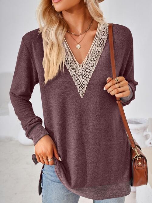 Gray Crochet Contrast V-Neck Long Sleeve Slit T-Shirt